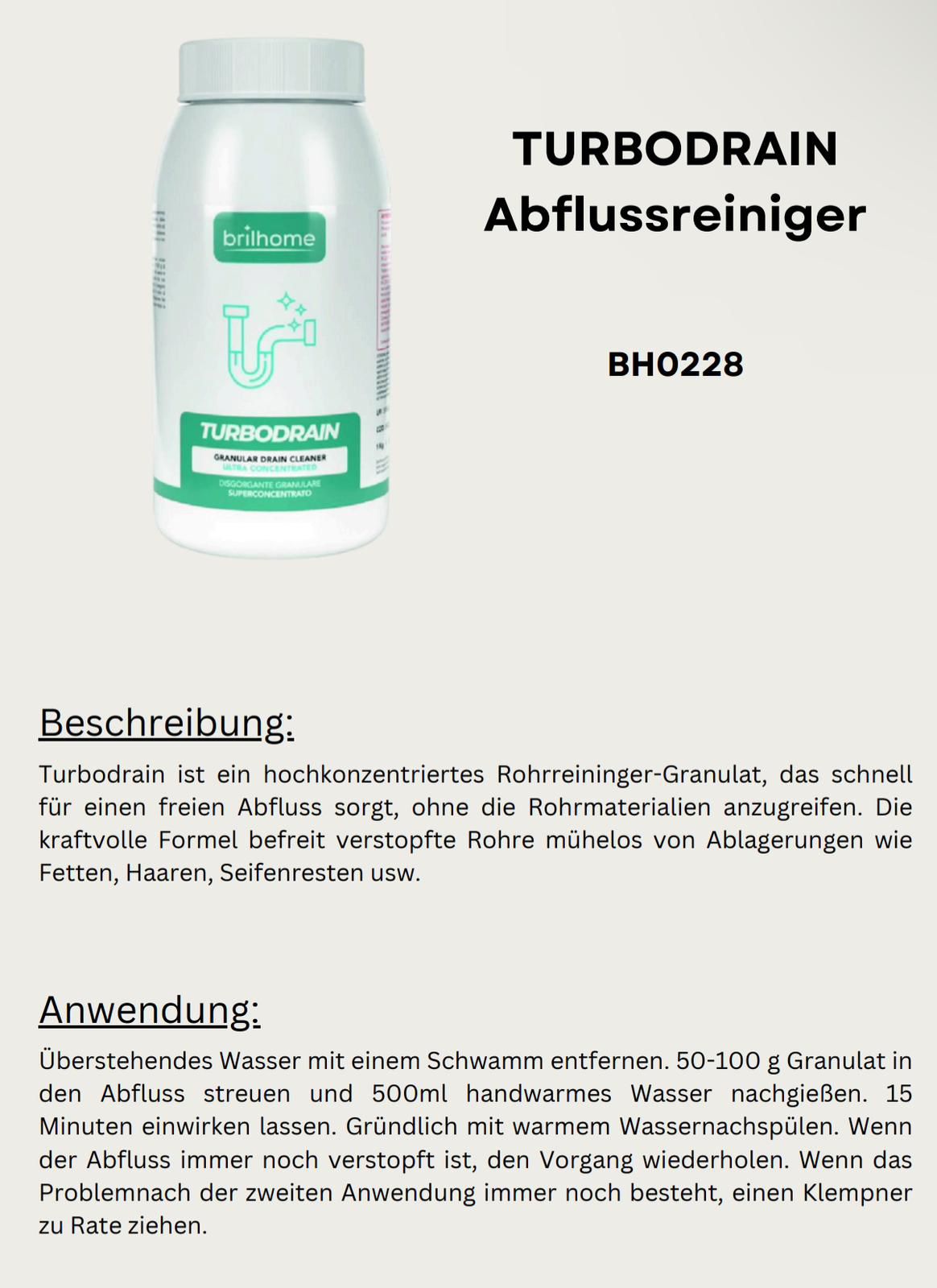 TURBODRAIN hochkonzentrierter Rohrreiniger(Granulat) - BH0228